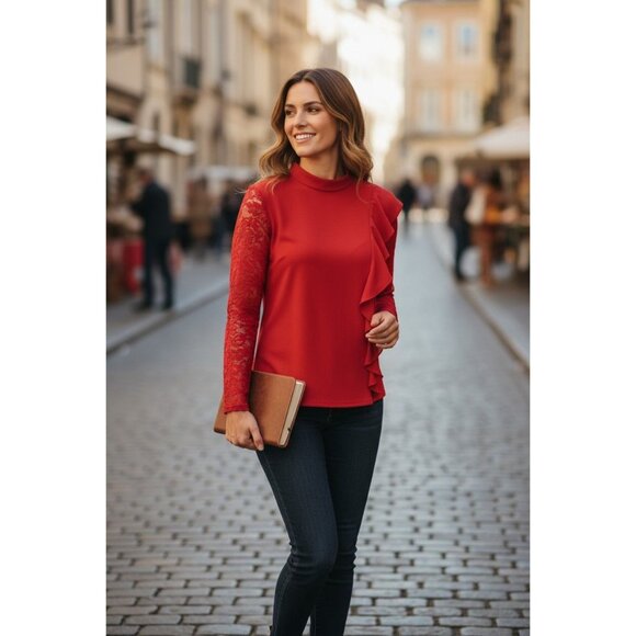 Venus Red Lace Long Sleeves Ruffle Knit Top Size S Christmas Holiday Evening - Picture 8 of 9